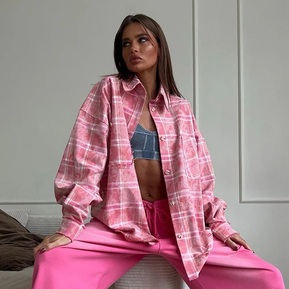 Retro Tie Dyed Cotton Checkered Shirt Spring and Summer Women's Street Syle Trend Y2K Loose School Cassual Pink Shirt Jacket