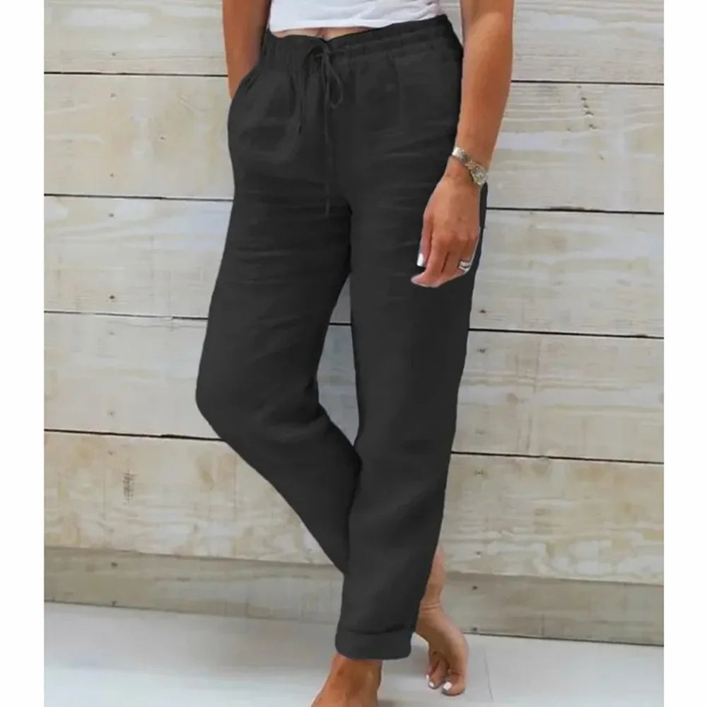 Women Summer Autumn Breathable Cotton Linen Trendy Pants Elastic Waist Straight Leg Solid Color Female Casual Baggy Trousers