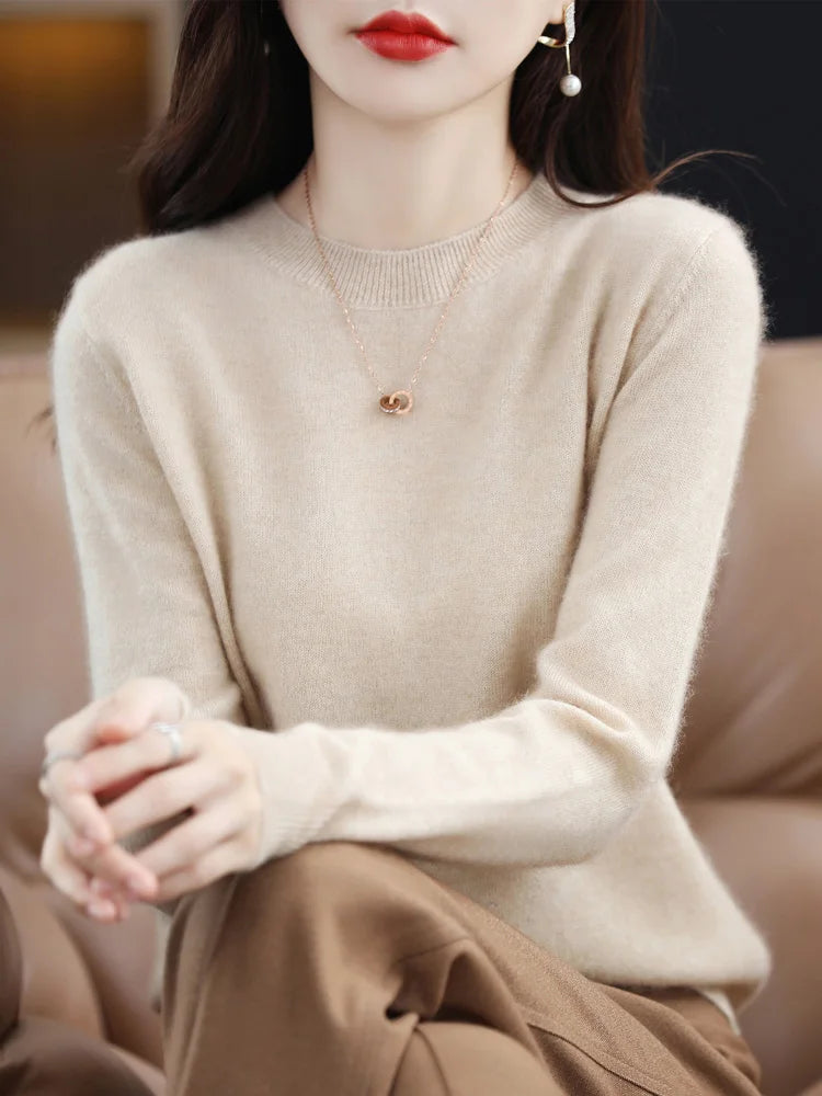 Fashion 100% Merino Wool Sweater Elegant Cashmere Pullover Women O-Neck Long Sleeve Knitwear Basic Clothing Jumper Tops