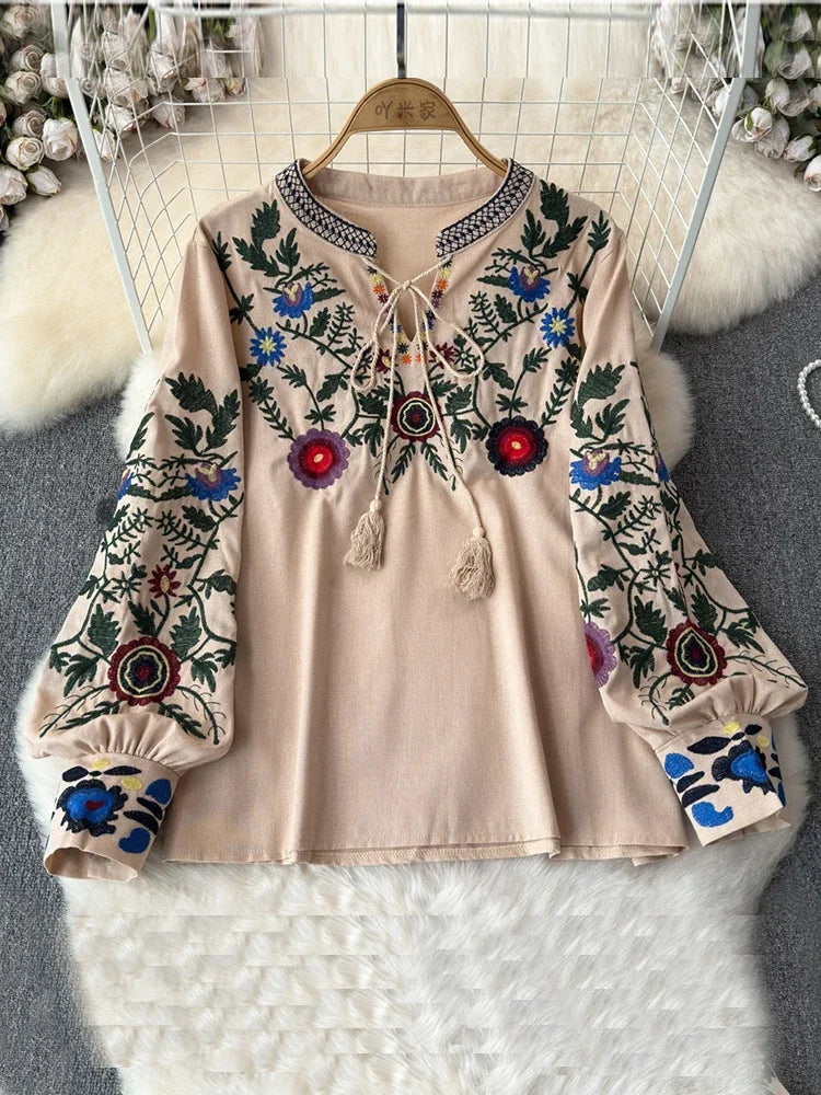 Women's Retro Blouse National Style Embroidered Lace-Up Tassel V-Neck Lantern Sleeve Tops Loose All-Match Female Blusa A21