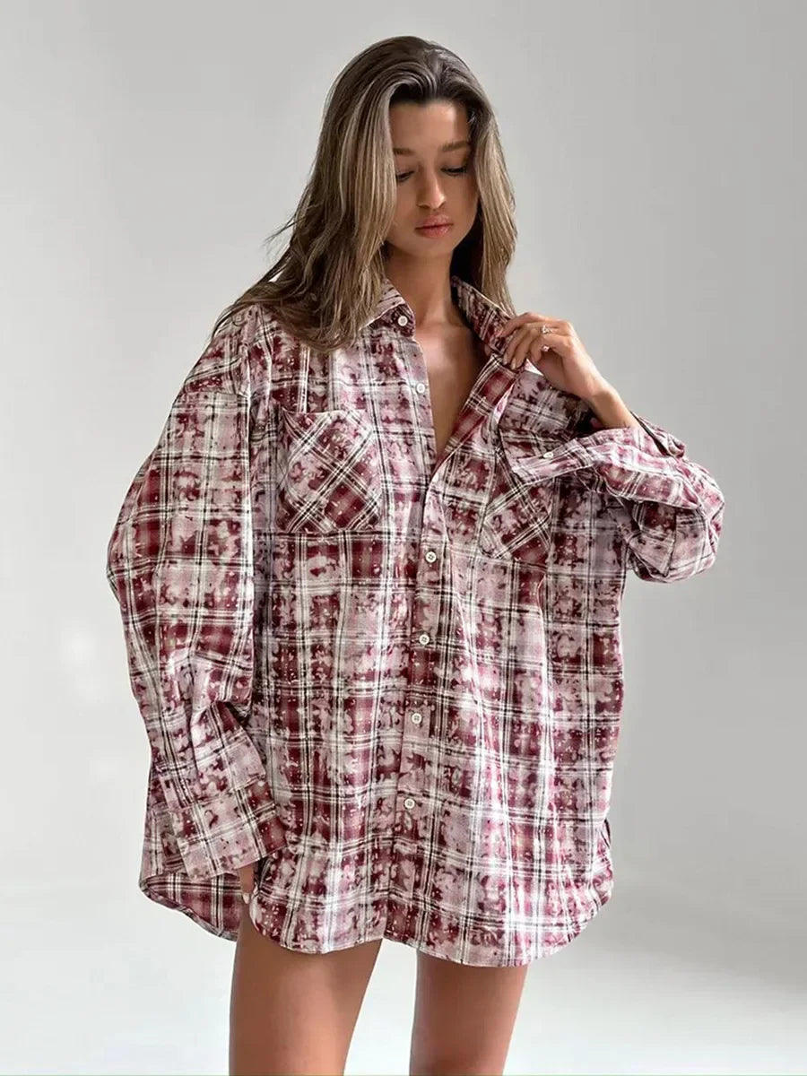 Wolfeel Spring Autumn New Personalized Street Retro Vintage Plaid Shirt Women's Loose Outer Long Sleeved Women Loose Shirt