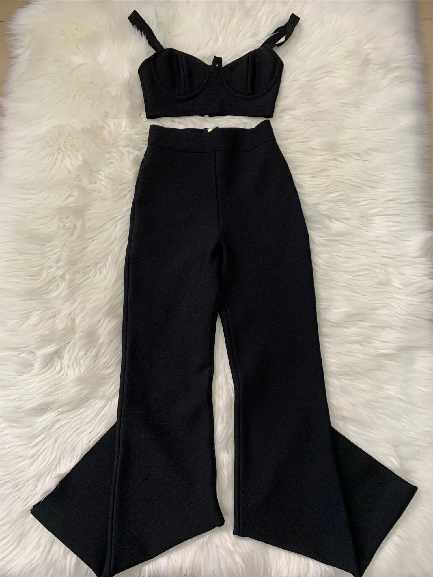 2024 Women New Arrival Sexy Low cut Strap Bra Top+High Waist Flare Pants Two Piece Bandage Set Elgant Fashion Party Wear Vintage