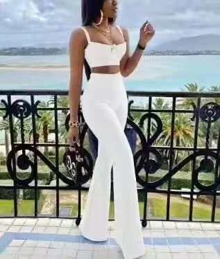 2024 Women New Arrival Sexy Low cut Strap Bra Top+High Waist Flare Pants Two Piece Bandage Set Elgant Fashion Party Wear Vintage