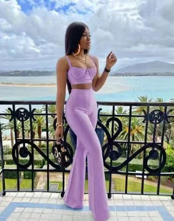 2024 Women New Arrival Sexy Low cut Strap Bra Top+High Waist Flare Pants Two Piece Bandage Set Elgant Fashion Party Wear Vintage