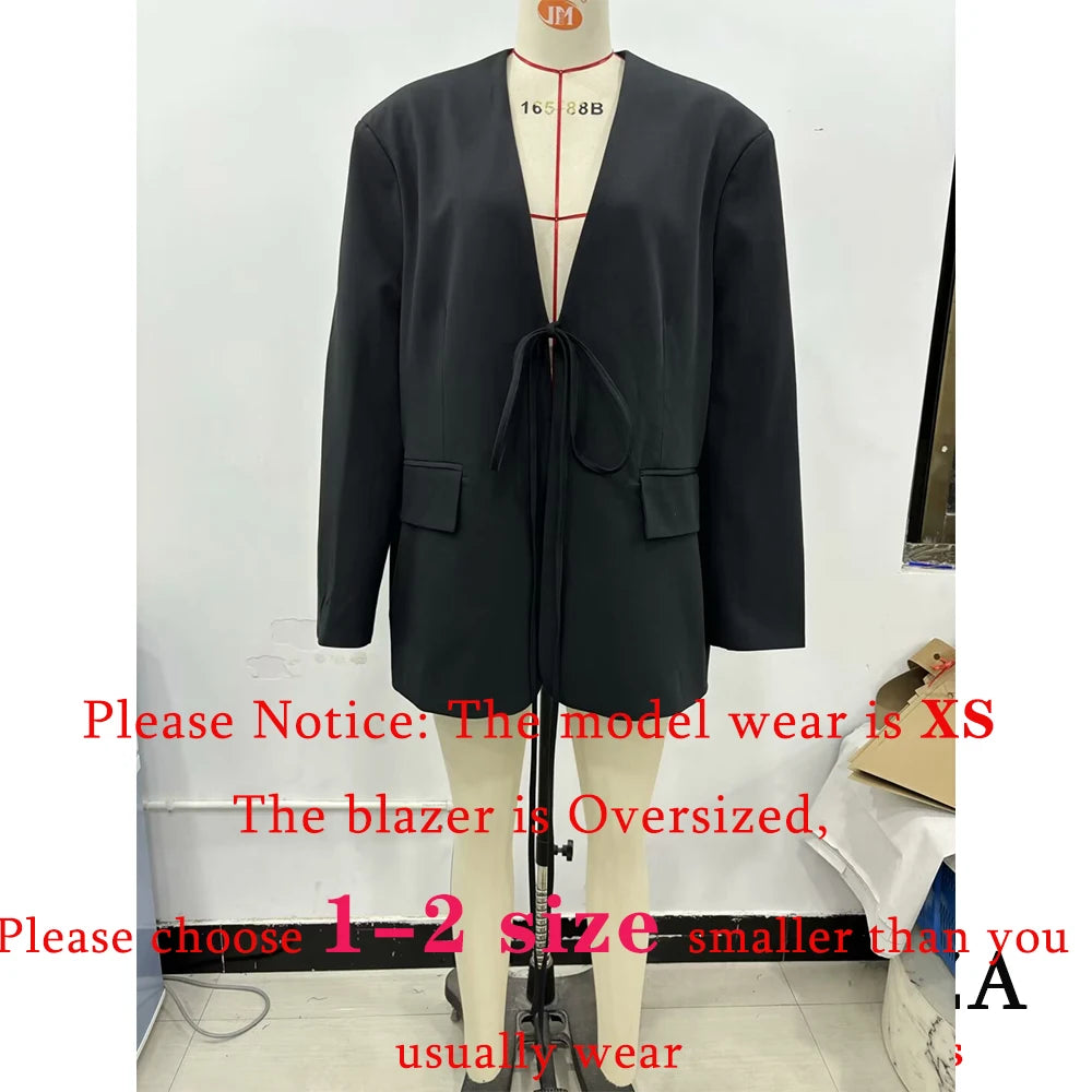 TRAFZA Casual Oversized Black Blazer Women V Neck Bow Tie Pockets Loose Jackets Fashion 2025 Streetwear Women Outwears