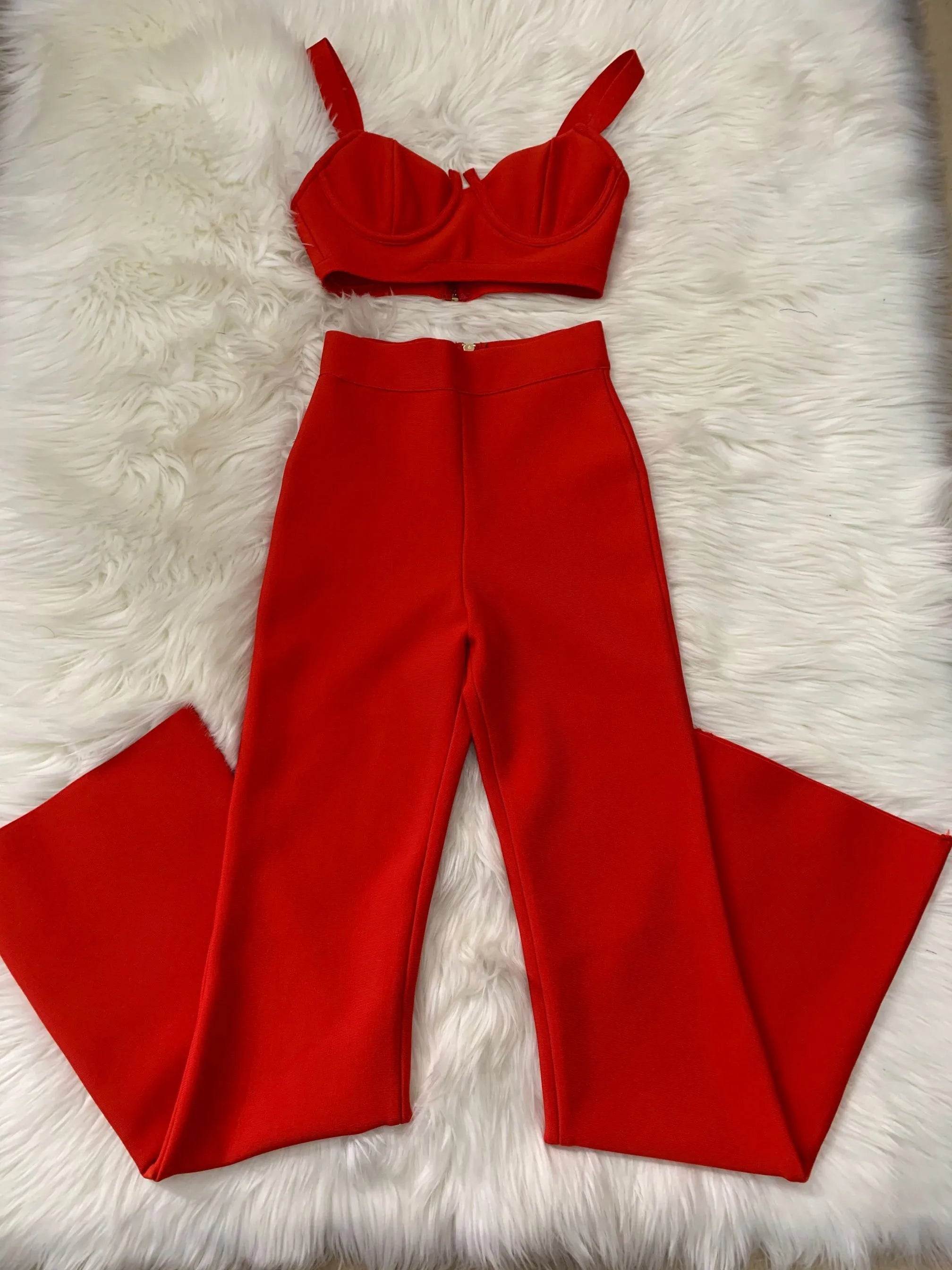 2024 Women New Arrival Sexy Low cut Strap Bra Top+High Waist Flare Pants Two Piece Bandage Set Elgant Fashion Party Wear Vintage