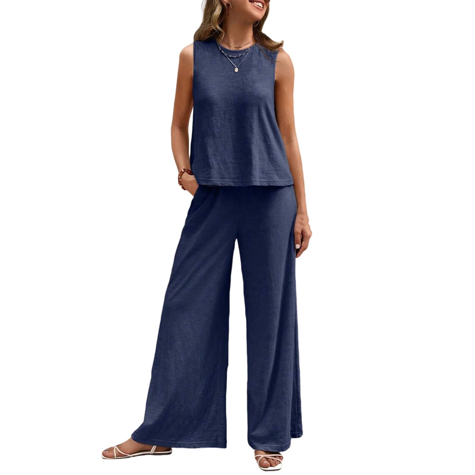 Casual Style Suit Set Fashionable Women's Cotton Linen Suit Sleeveless Vest Wide Leg Pants Set for Office or Casual Wear