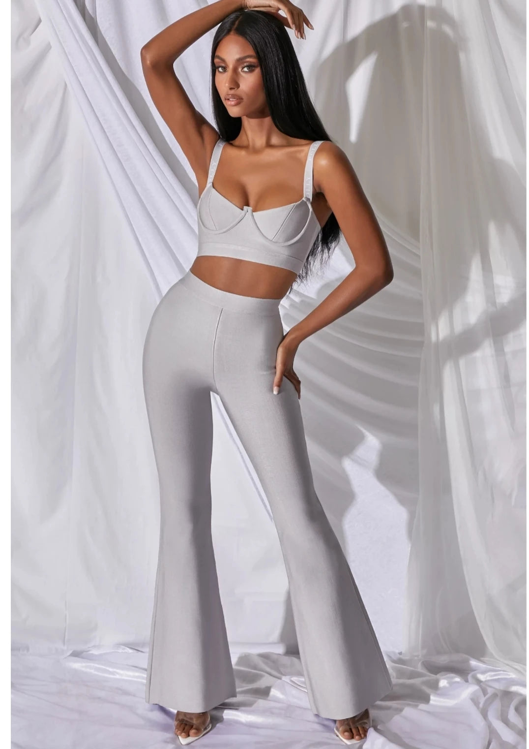 2024 Women New Arrival Sexy Low cut Strap Bra Top+High Waist Flare Pants Two Piece Bandage Set Elgant Fashion Party Wear Vintage