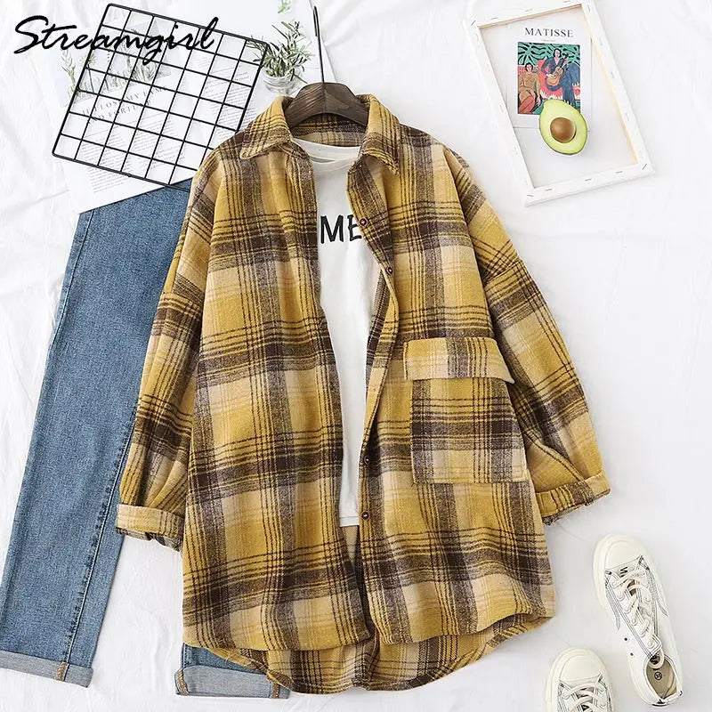 Women Woolen Plaid Shirt Oversize Women's Blouse Spring 2025 Loose Thick Oversized Shirt Plaid Winter Warm Shirt Coat Woolen