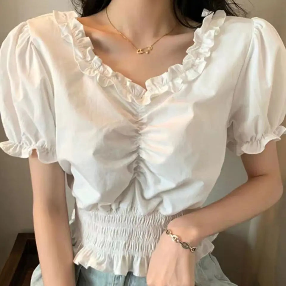 Elegant White Ruffles V Neck Cropped Top Casual Short Sleeve V NEck Ruched Slim Blouse Women Summer Simple All match Shirt