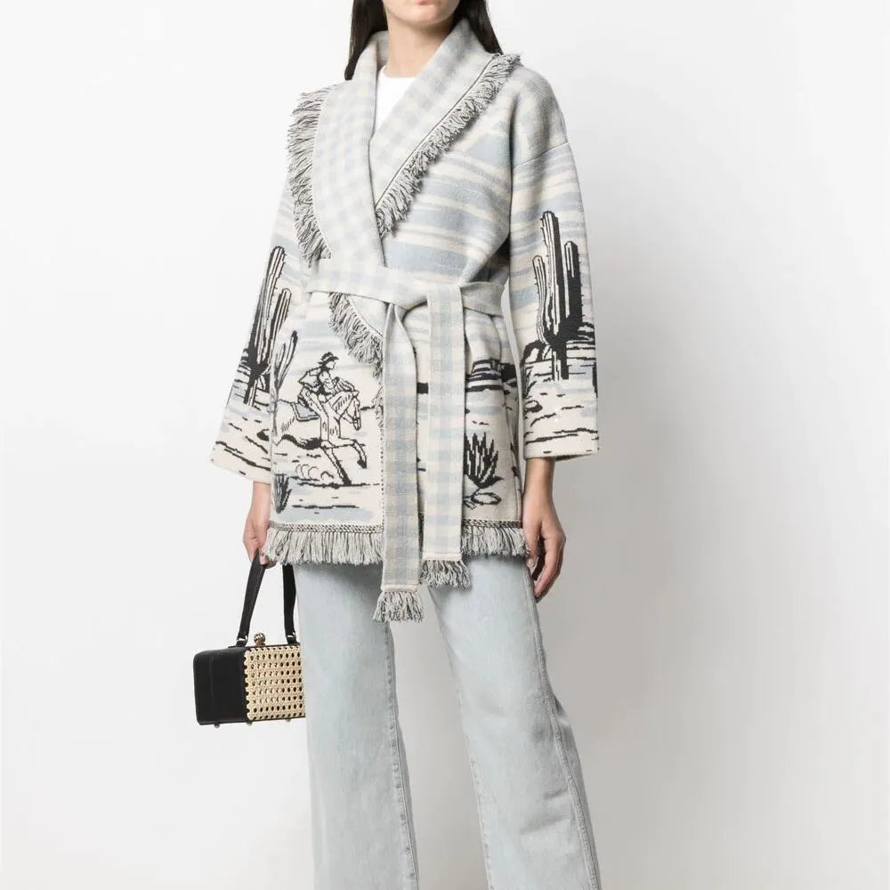 WQJGR Cardigan Sweater Women Wool Kniited Tassel Doodle Jacquard Loose Full Sleeve High Quality Cashmere Winter Jacket Women