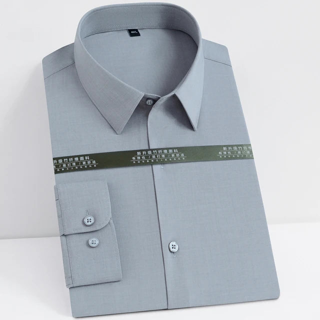 Men's Casual Stretchy Long Sleeve Solid Dress Shirt Without Pocket Formal Business Standard-fit Bamboo-fiber Work Office Shirts
