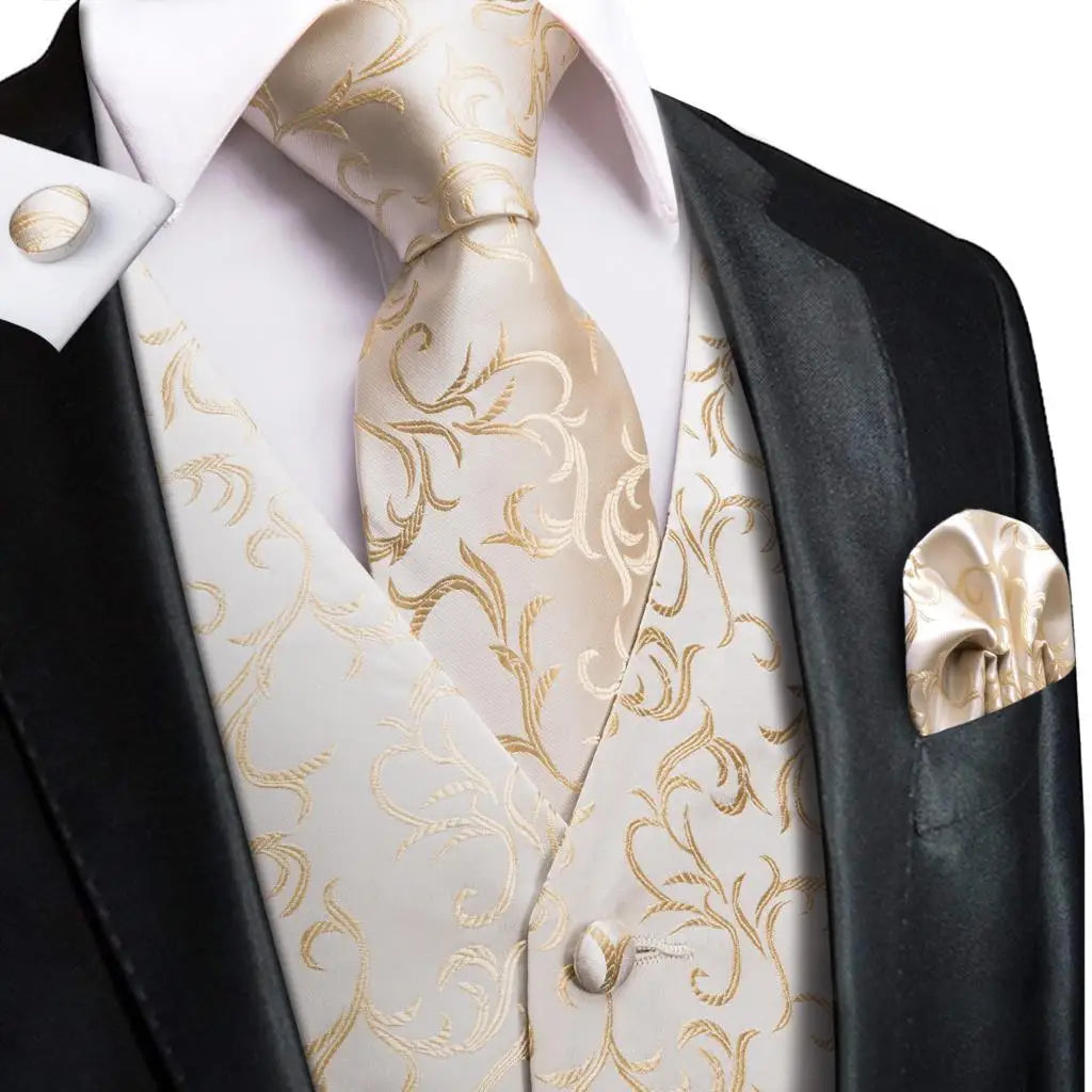 Hi-Tie Silk Mens Vests Jacquard Champagne Floral Waistcoat Tie Bowtie Brooch Hanky Cufflinks Set for Men Suit Weddding Business