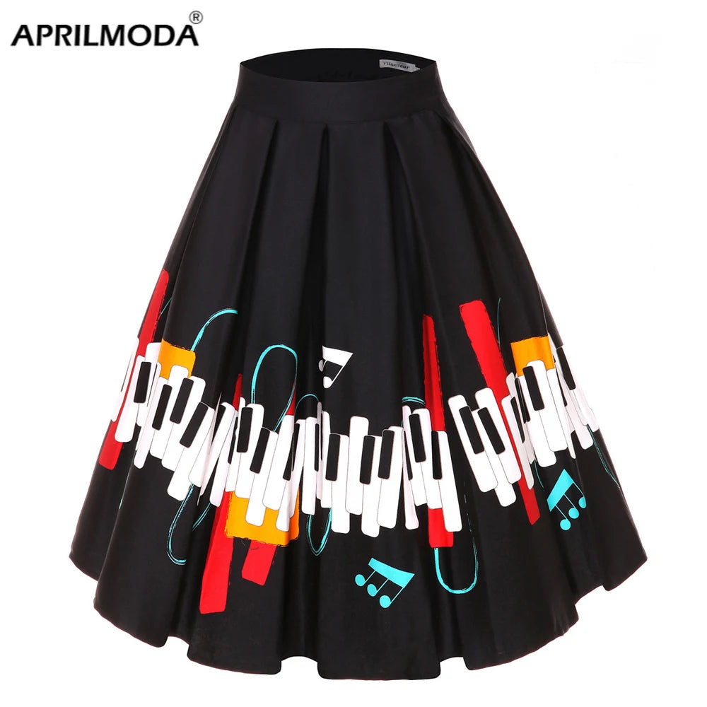 4XL Floral Music Print 50s 60s Swing Skirts Summer Casual Retro High Waisted Pleated Rockabilly Vintage Jurken Women Clothing