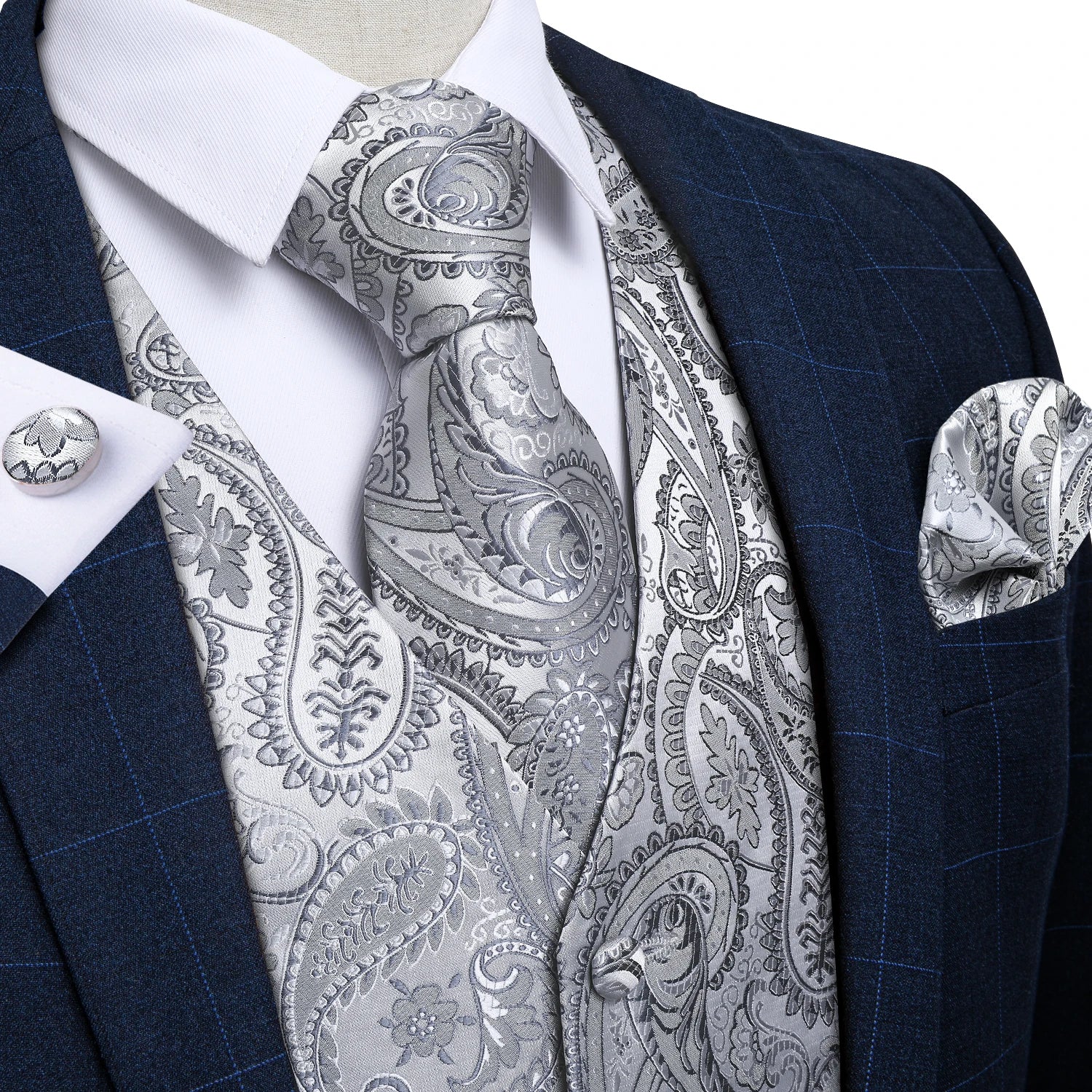 Luxury Silver Gray Paisley Suit Vest Men Tuxedo Blazers Wedding Party Waistcoat Neck Tie Set Casual Sleeveless Jacket