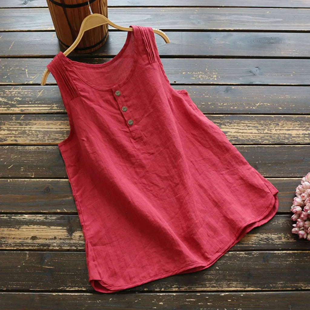 Womens Plus Size Sleeveless Cotton Linen Tops And Blouses Vintage Solid Color Loose Tuinc Casual Shirts Lady Summer Vest Blusas