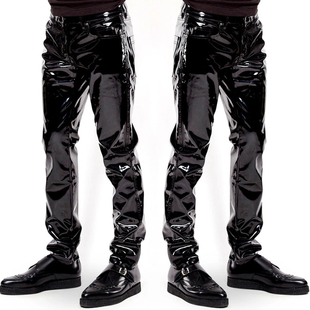 Men Wet Look Patent Leather Full Length Pants Boys Black Glossy Mid Waist Straight Trousers Bar Nightclub Stage Show Costumes