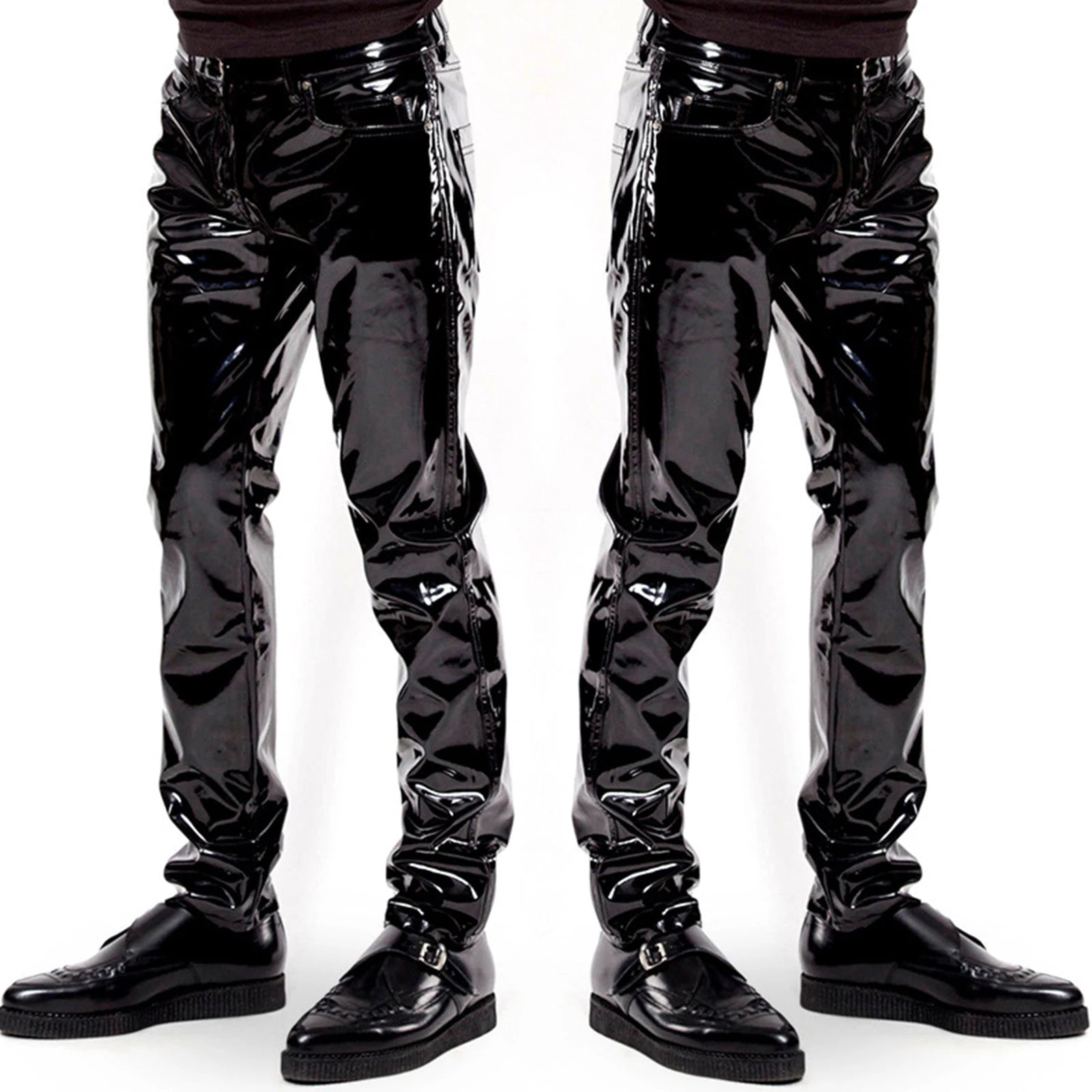 Men Wet Look Patent Leather Full Length Pants Boys Black Glossy Mid Waist Straight Trousers Bar Nightclub Stage Show Costumes
