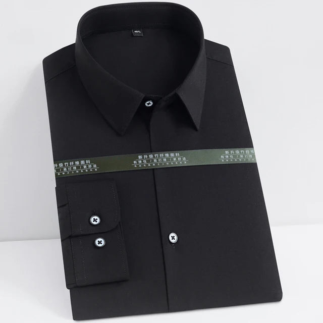 Men's Casual Stretchy Long Sleeve Solid Dress Shirt Without Pocket Formal Business Standard-fit Bamboo-fiber Work Office Shirts