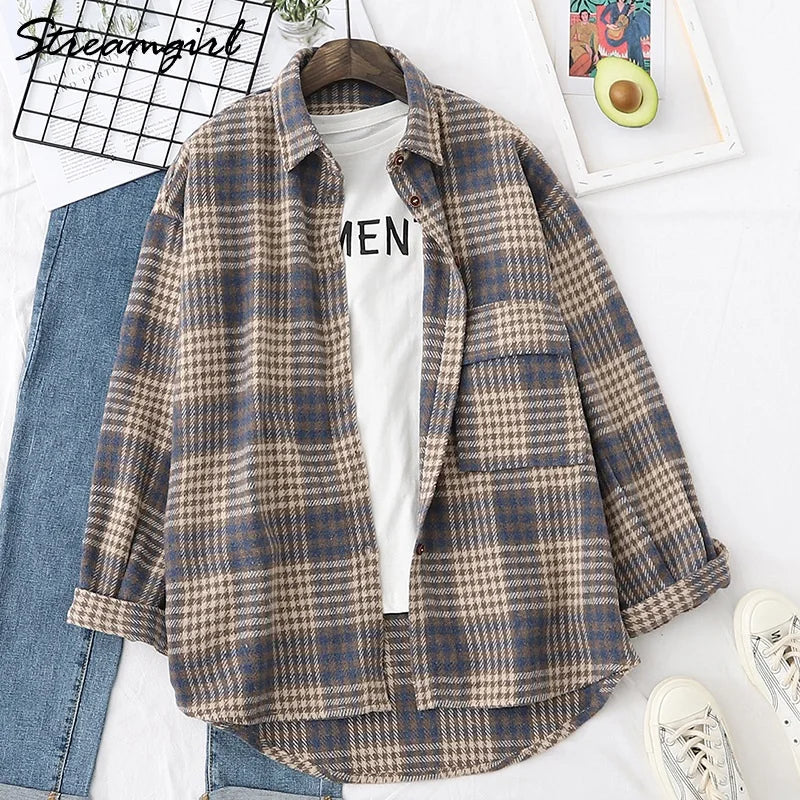 Women Woolen Plaid Shirt Oversize Women's Blouse Spring 2025 Loose Thick Oversized Shirt Plaid Winter Warm Shirt Coat Woolen