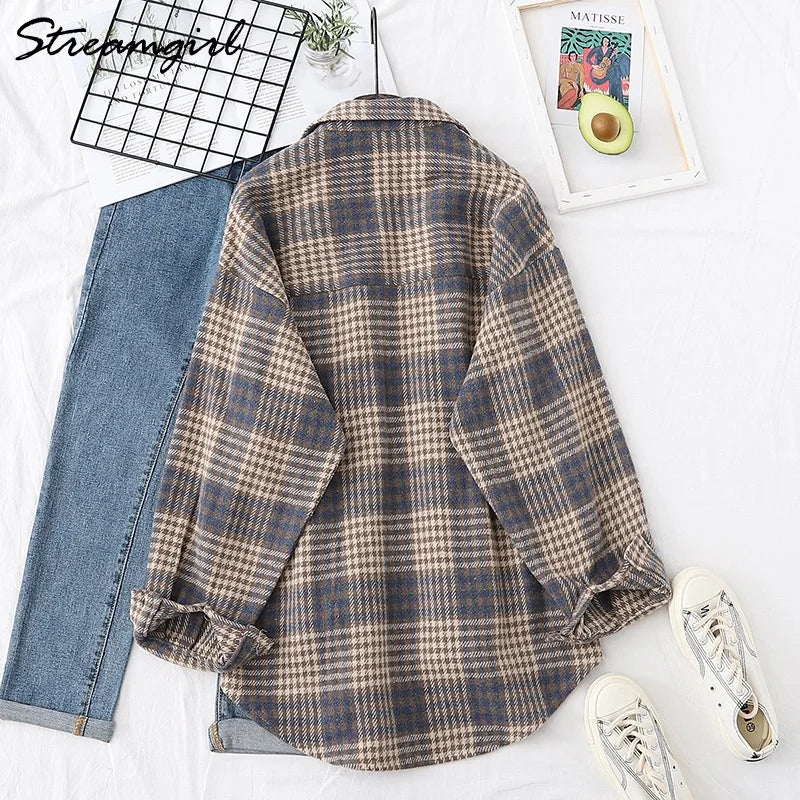 Women Woolen Plaid Shirt Oversize Women's Blouse Spring 2025 Loose Thick Oversized Shirt Plaid Winter Warm Shirt Coat Woolen