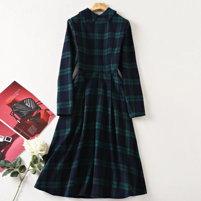 Women's Plaid Midi Dress, Princess Designer, High Quality Spring, Autumn, Party, Casual, Office, Vintage Workplace, Elegant, New