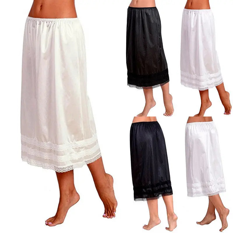 Women's Cotton Solid Lace Trim Maxi Half Slip Underskirt Slip Under Skirts