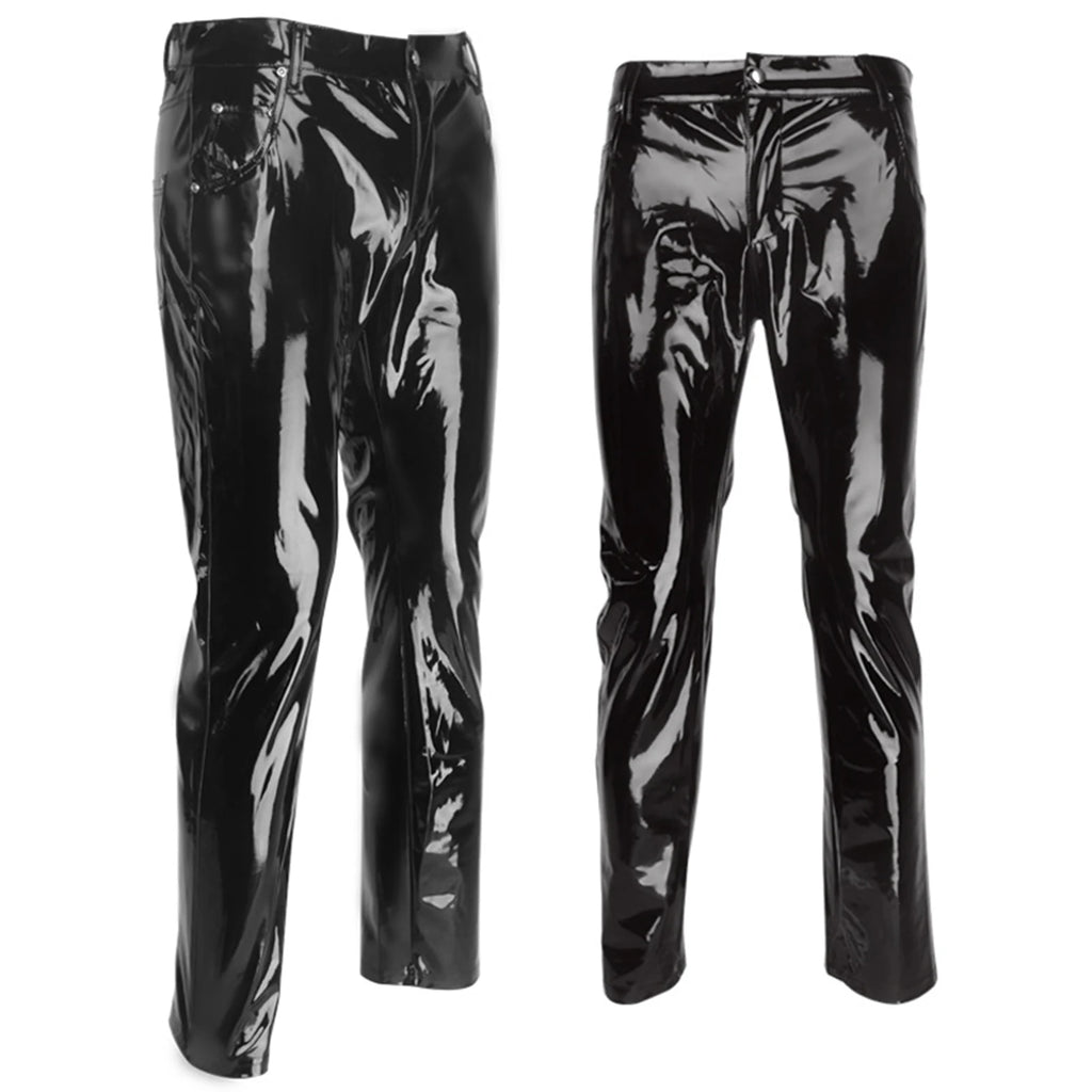 Men Wet Look Patent Leather Full Length Pants Boys Black Glossy Mid Waist Straight Trousers Bar Nightclub Stage Show Costumes