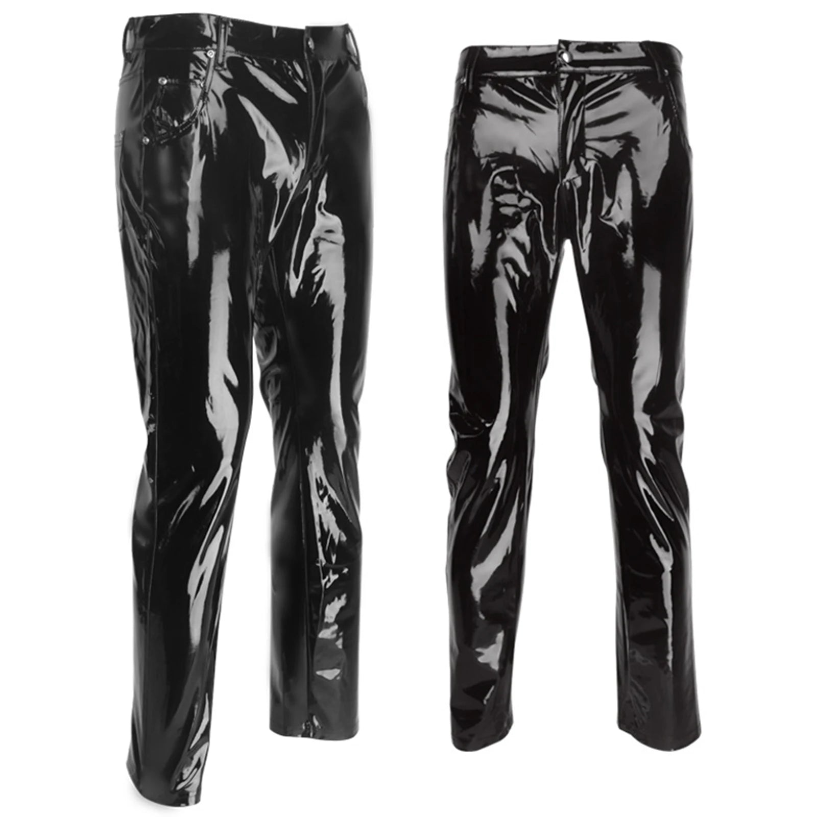 Men Wet Look Patent Leather Full Length Pants Boys Black Glossy Mid Waist Straight Trousers Bar Nightclub Stage Show Costumes