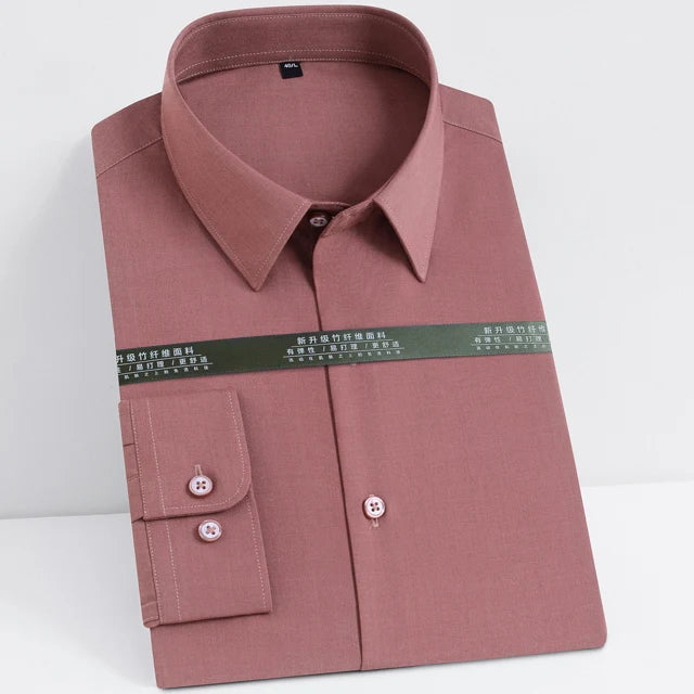 Men's Casual Stretchy Long Sleeve Solid Dress Shirt Without Pocket Formal Business Standard-fit Bamboo-fiber Work Office Shirts