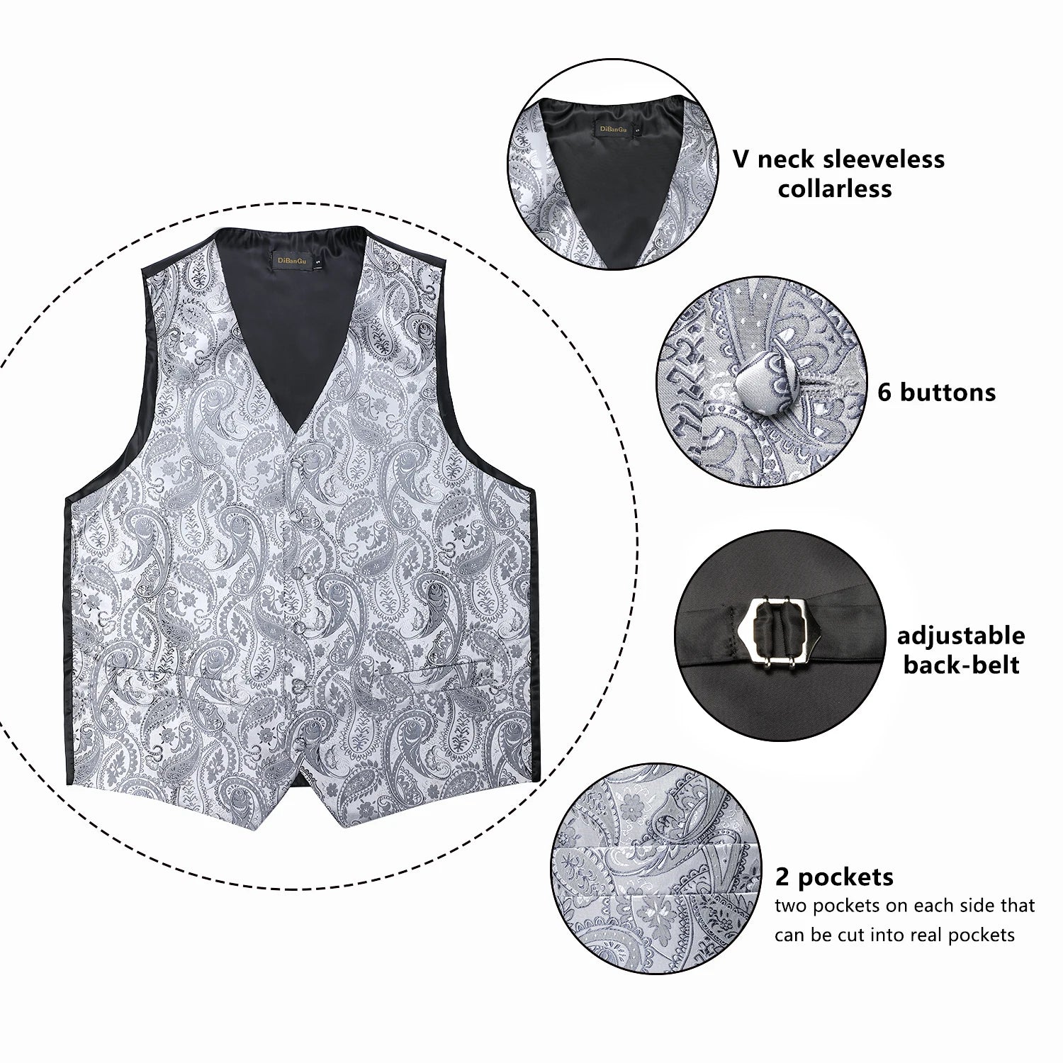 Luxury Silver Gray Paisley Suit Vest Men Tuxedo Blazers Wedding Party Waistcoat Neck Tie Set Casual Sleeveless Jacket