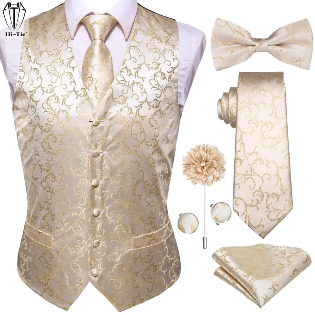 Hi-Tie Silk Mens Vests Jacquard Champagne Floral Waistcoat Tie Bowtie Brooch Hanky Cufflinks Set for Men Suit Weddding Business