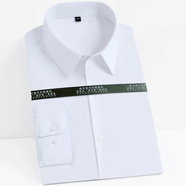 Men's Casual Stretchy Long Sleeve Solid Dress Shirt Without Pocket Formal Business Standard-fit Bamboo-fiber Work Office Shirts