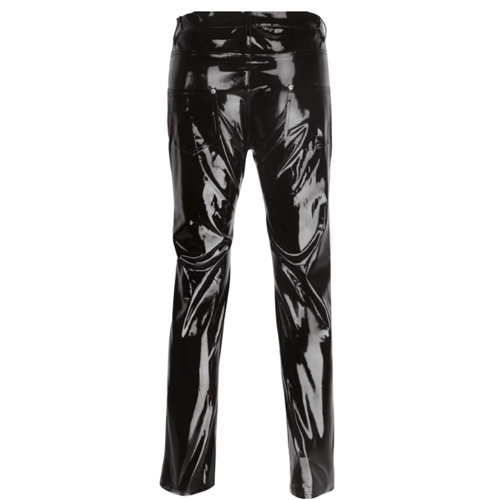 Men Wet Look Patent Leather Full Length Pants Boys Black Glossy Mid Waist Straight Trousers Bar Nightclub Stage Show Costumes