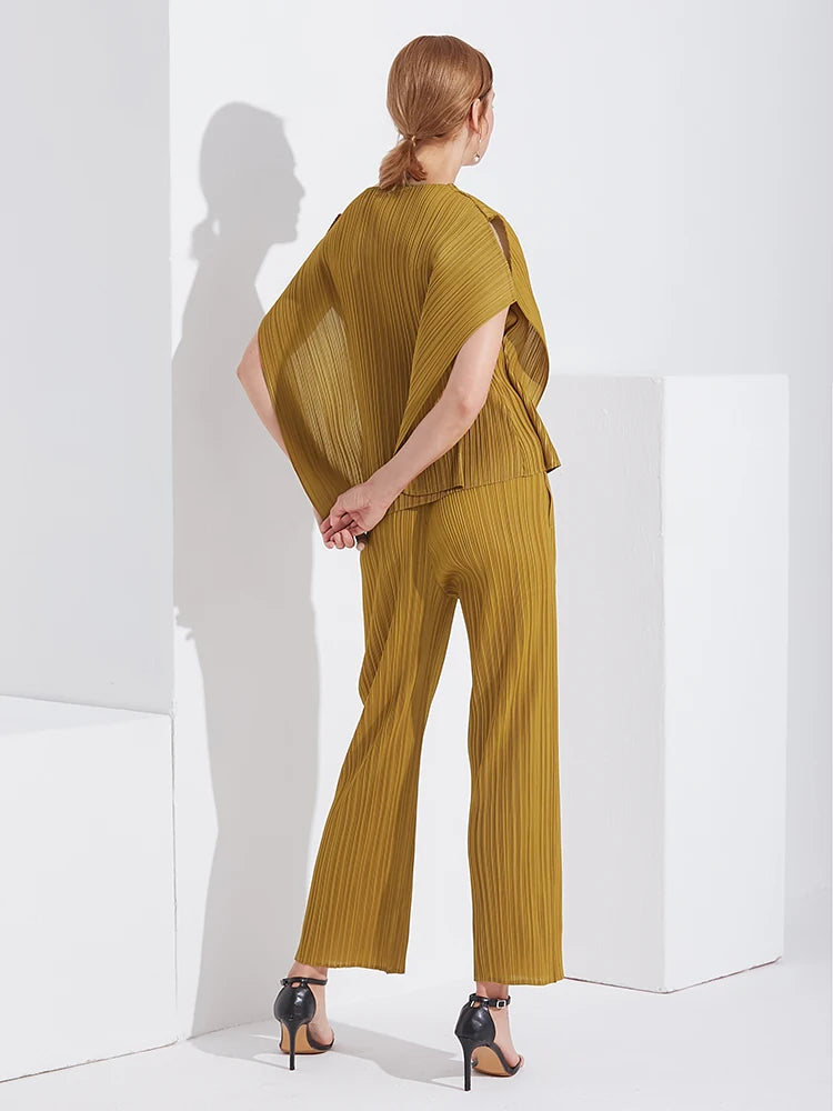 Spring Summer Autumn Women's Casual Elegant Miyake Designer Classical Loose Straight Pleated Pants High Waist Trousers In Stock