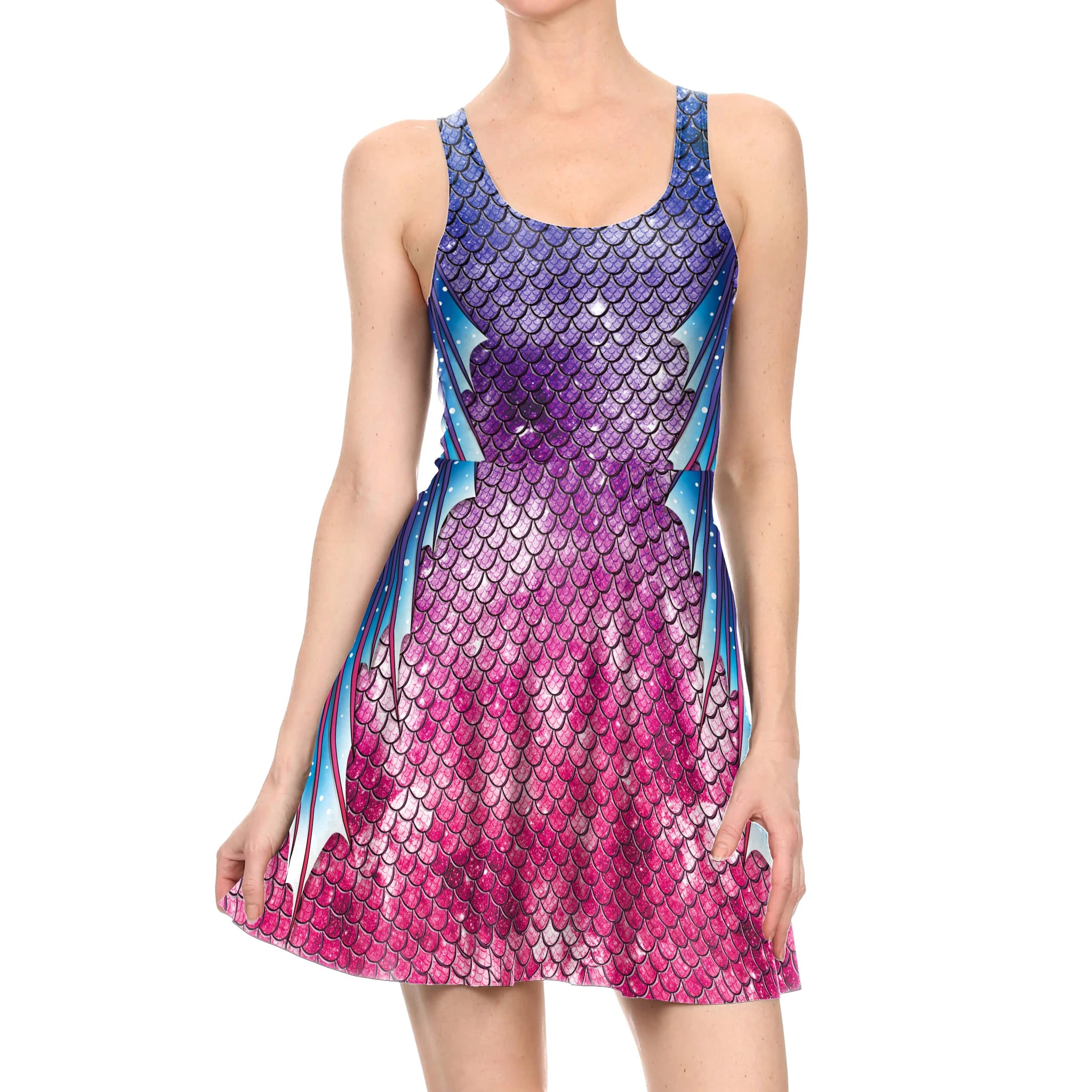 VIP FASHION Mermaid Tank Top Dress Summer Women Elegant One Piece Sexy Fish Scale Print Dresses Lady Sleeveless Cosplay Outfits