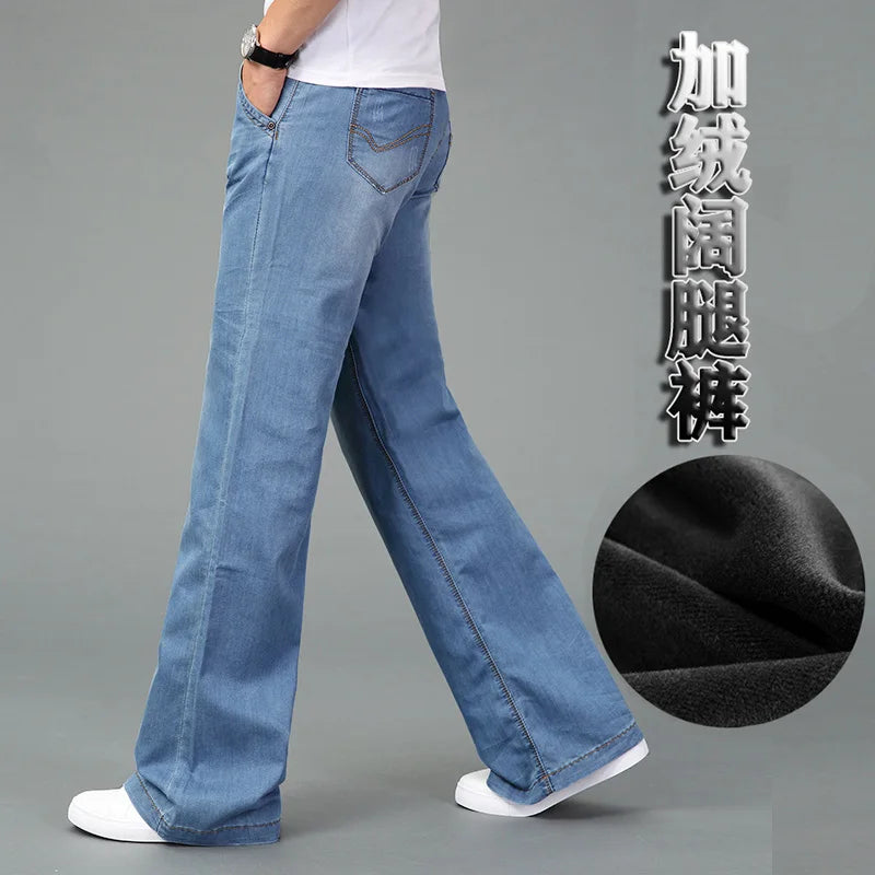 2025 High Quality Men Winter Warm Fleece Wide Leg Jeans Business Casual Flare Pants Mid Waist Velvet Trousers