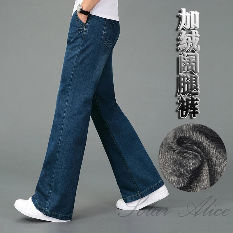 2025 High Quality Men Winter Warm Fleece Wide Leg Jeans Business Casual Flare Pants Mid Waist Velvet Trousers