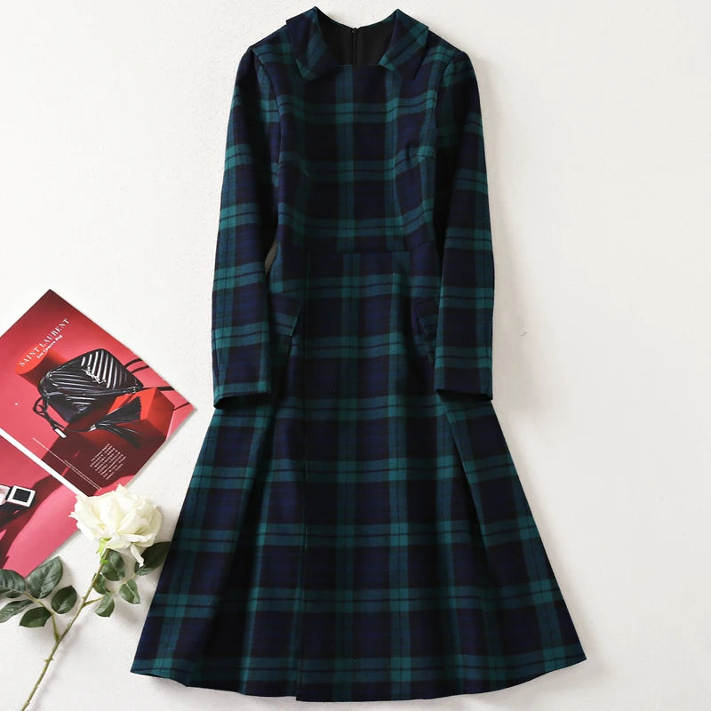 Women's Plaid Midi Dress, Princess Designer, High Quality Spring, Autumn, Party, Casual, Office, Vintage Workplace, Elegant, New