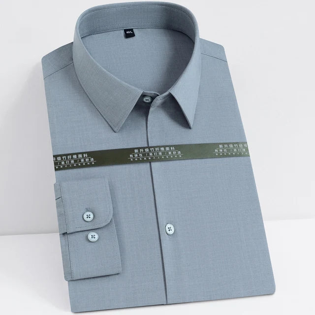 Men's Casual Stretchy Long Sleeve Solid Dress Shirt Without Pocket Formal Business Standard-fit Bamboo-fiber Work Office Shirts