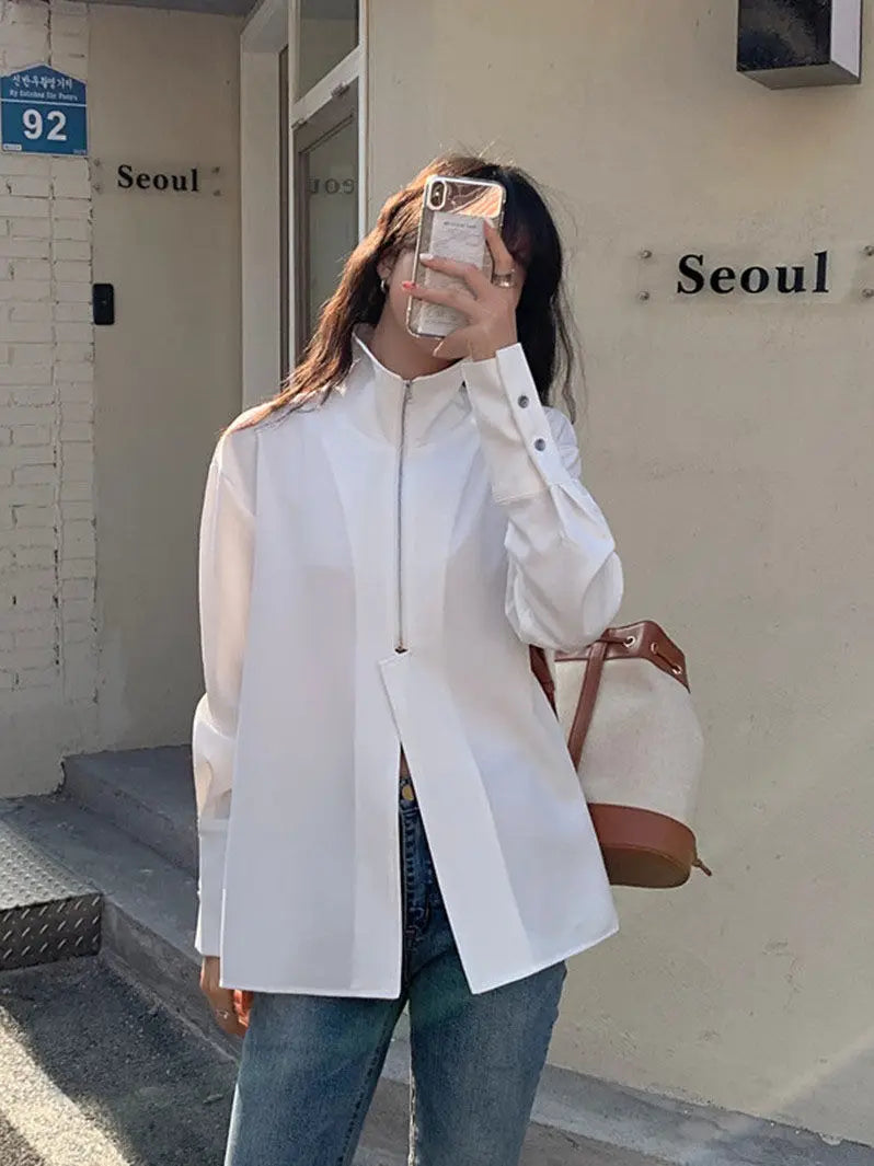Women Blouse Long Sleeve Stand Collar Zipper Closed Tops Female Solid Color Orignal Design Loose Shirts  Lapel Black White Tops
