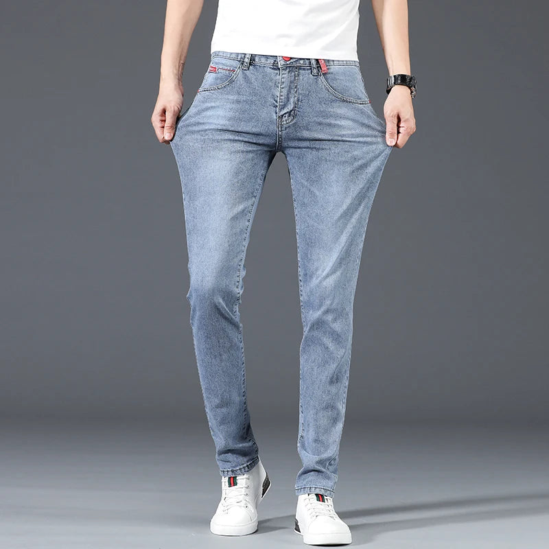 New Fashion Brand Slim Gray Blue Skinny Jeans Men Business Casual Classic Cotton Trend Elastic Youth Pencil Denim Trousers