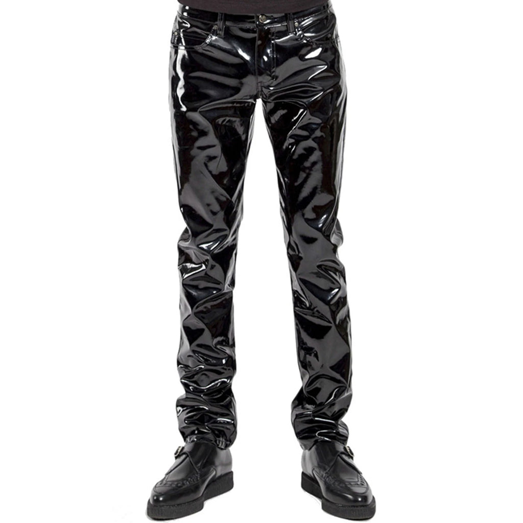 Men Wet Look Patent Leather Full Length Pants Boys Black Glossy Mid Waist Straight Trousers Bar Nightclub Stage Show Costumes