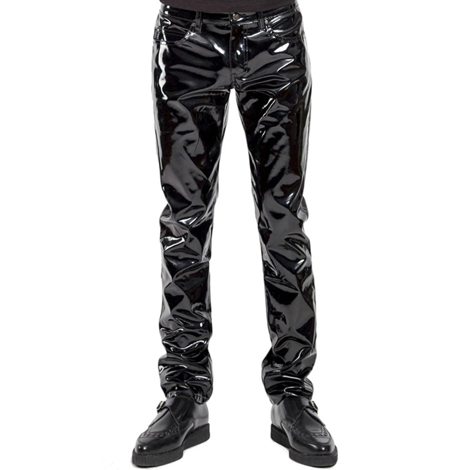 Men Wet Look Patent Leather Full Length Pants Boys Black Glossy Mid Waist Straight Trousers Bar Nightclub Stage Show Costumes