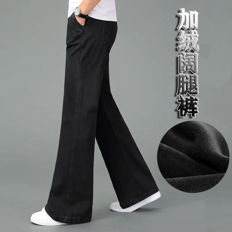 2025 High Quality Men Winter Warm Fleece Wide Leg Jeans Business Casual Flare Pants Mid Waist Velvet Trousers