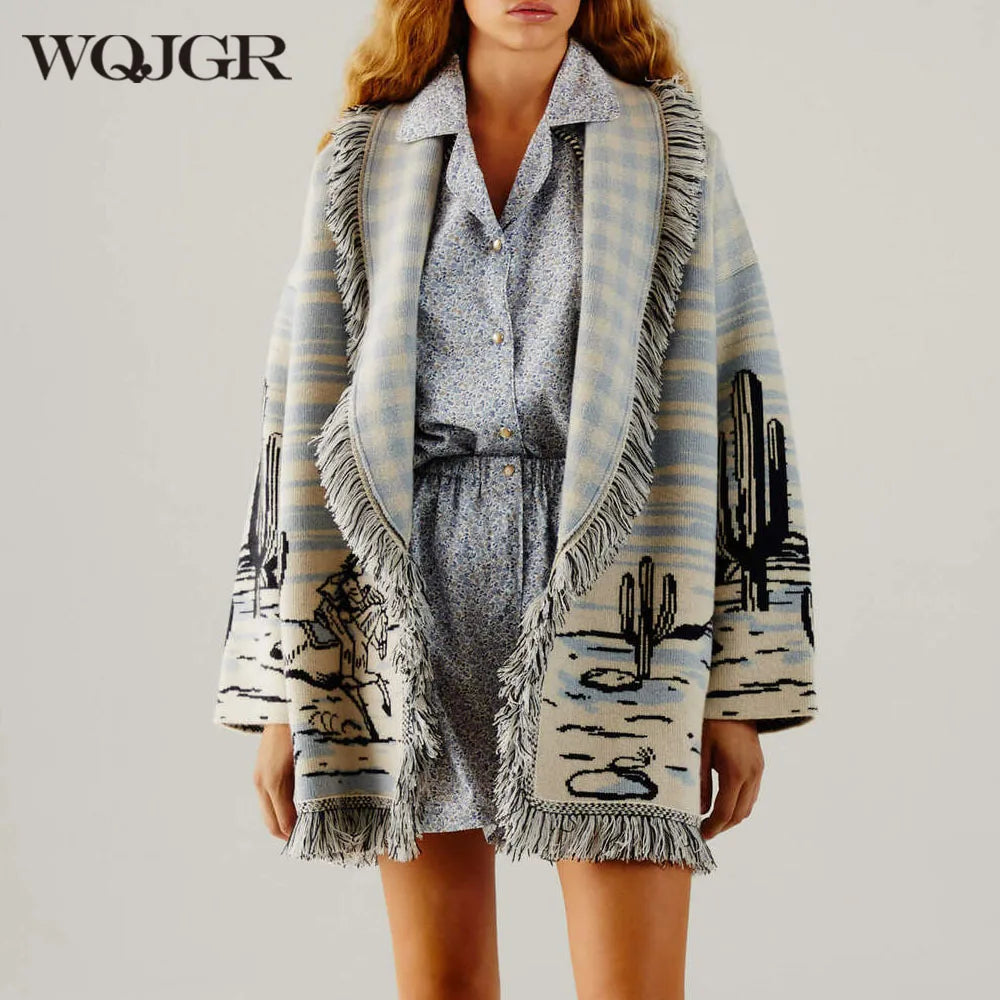 WQJGR Cardigan Sweater Women Wool Kniited Tassel Doodle Jacquard Loose Full Sleeve High Quality Cashmere Winter Jacket Women