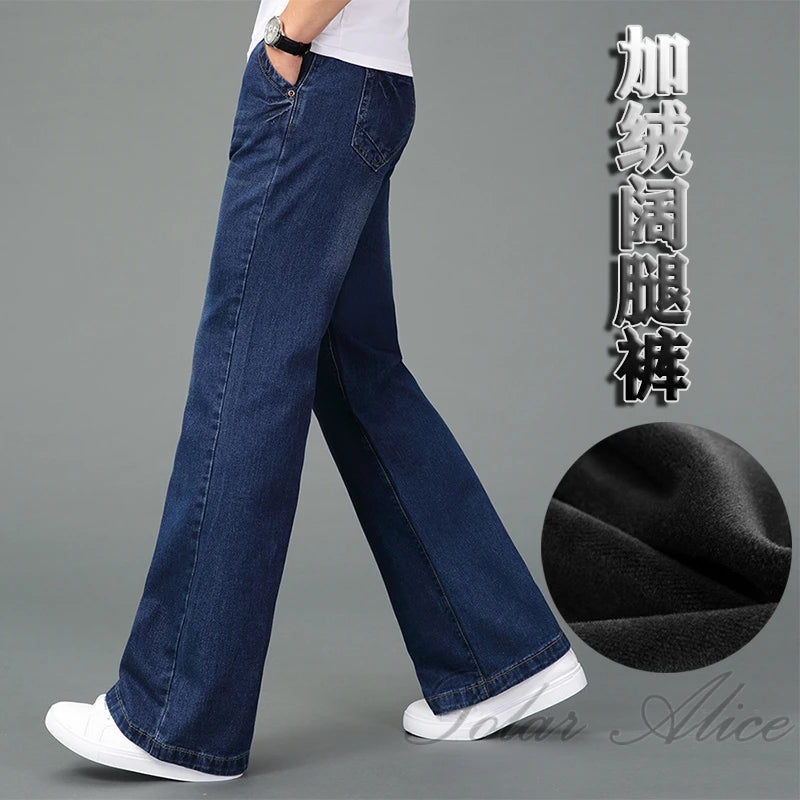2025 High Quality Men Winter Warm Fleece Wide Leg Jeans Business Casual Flare Pants Mid Waist Velvet Trousers