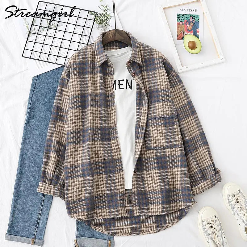 Women Woolen Plaid Shirt Oversize Women's Blouse Spring 2025 Loose Thick Oversized Shirt Plaid Winter Warm Shirt Coat Woolen