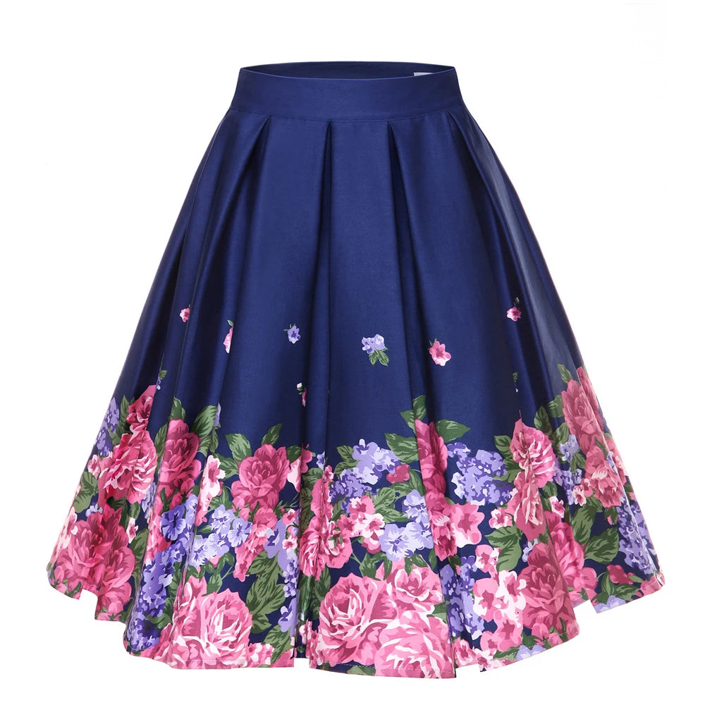 4XL Floral Music Print 50s 60s Swing Skirts Summer Casual Retro High Waisted Pleated Rockabilly Vintage Jurken Women Clothing