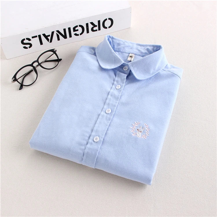 Brand Embroidery Women Blouses 2024 New Spring Women Long Sleeve Blouse Cotton Oxford Casual White Shirts Female Tops Clothing